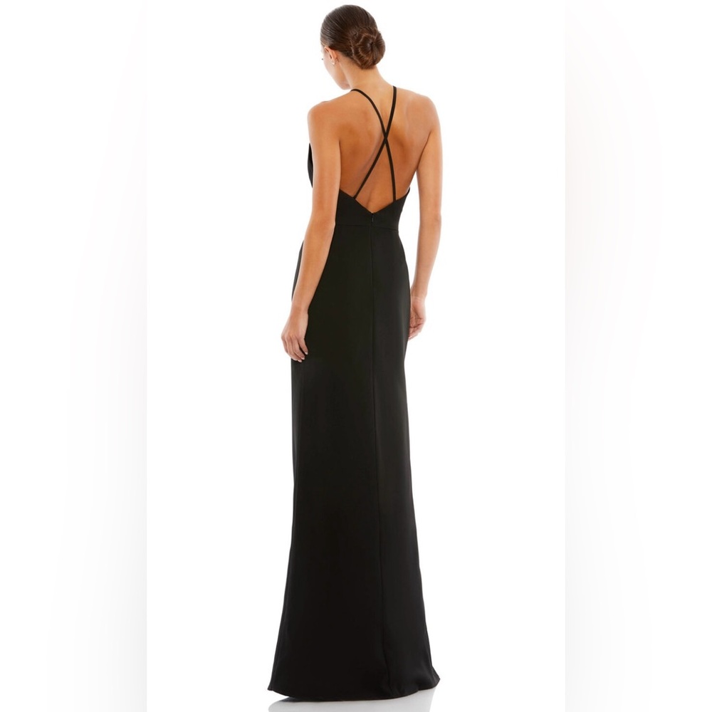 NWT Ieena for Mac Duggal Black Halter Column Gown with Rhinestone Bow Accent - Picture 6 of 11